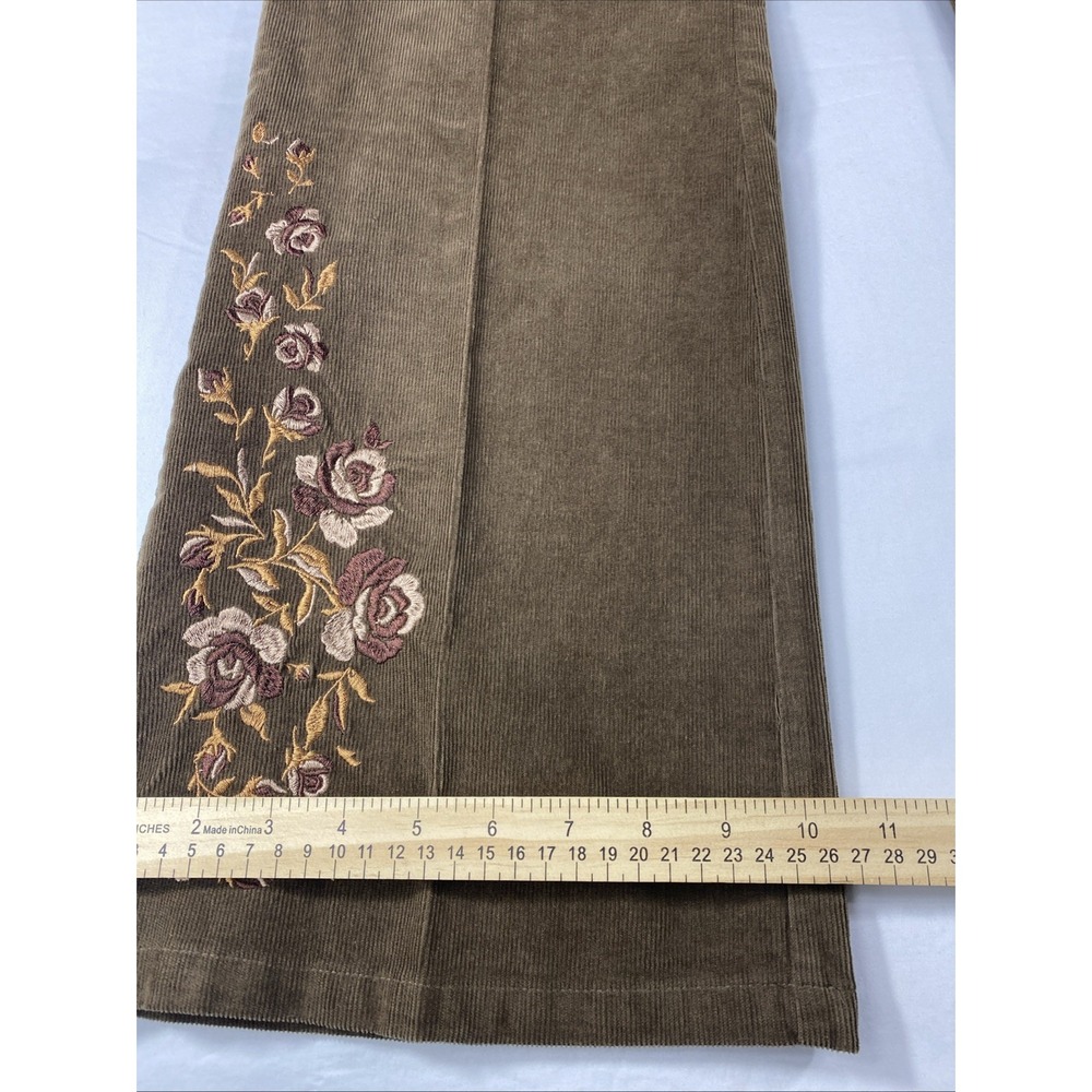Back In The Saddle Pants Size 16 Brown Corduroy Embroidered Roses Flared Curvy - Picture 8 of 12